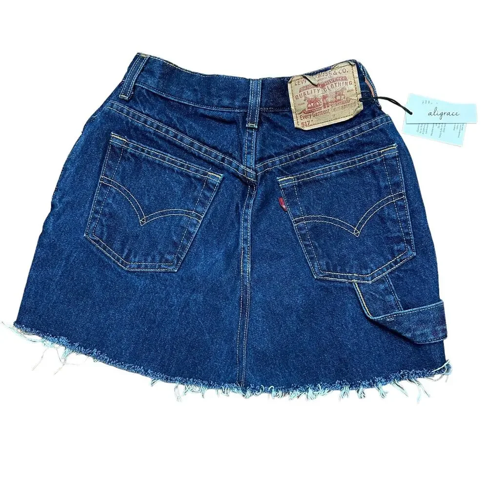 aligrace Levi's 501 Denim Mini Skirt Raw Hem SIZE 23 Reworked Unique $258 NEW - Picture 5 of 9